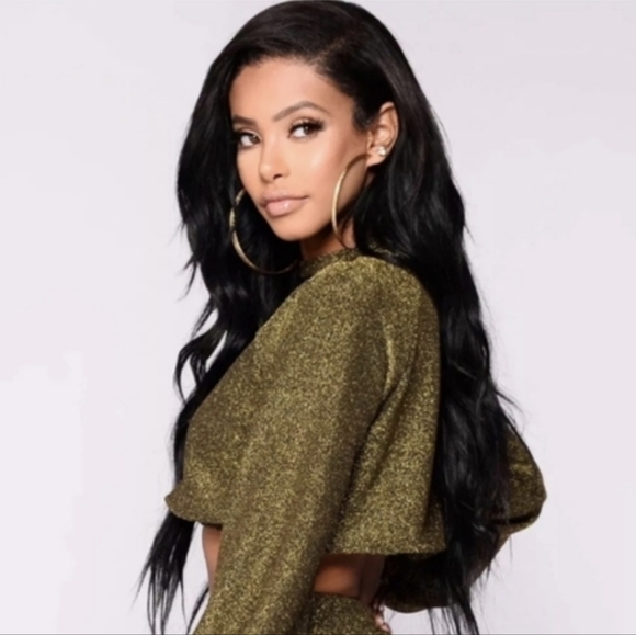 Fashion Nova gold long puff sleeves‎ glittery crop top women's large - Picture 16 of 16